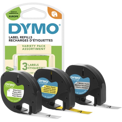[931189] Labeltape Dymo LetraTag 12mm assorti 3 stuks