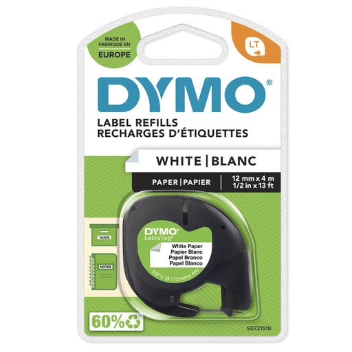 [931190] Labeltape Dymo LetraTag papier 12mm zwart op wit