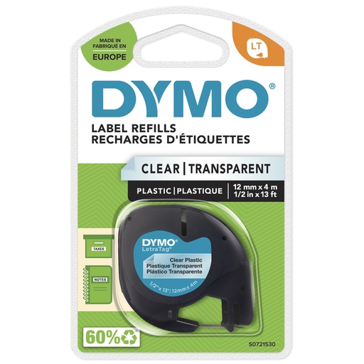 [931191] Labeltape Dymo LetraTag plastic 12mm zwart op transparant