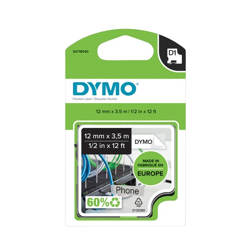 [931193] Labeltape Dymo LabelManager D1 nylon 12mm zwart op wit