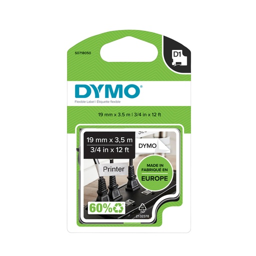 [931194] Labeltape Dymo LabelManager D1 nylon 19mm zwart op wit