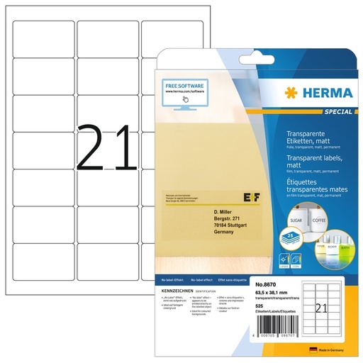 [1000120] Etiket HERMA 8670 A4 63.5x38.1mm folie transparant mat 525st