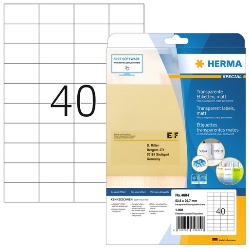 [1000122] Etiket HERMA 4684 52.5x29.7mm A4 folie transparant mat