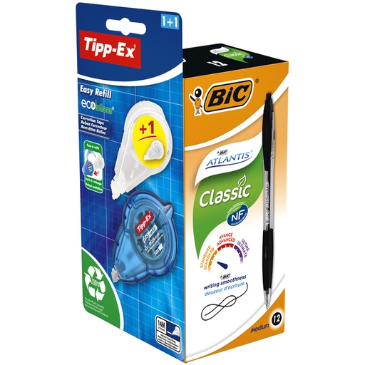 [1000330] Balpen BIC Atlantis + gratis Tipp-Ex easy medium zwart doos à 12 stuks