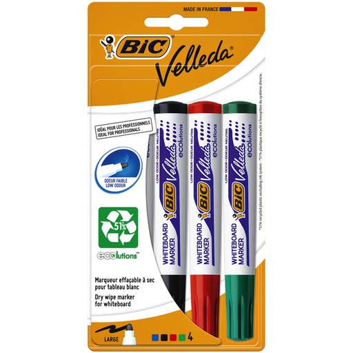 [1388092] Whiteboardmarker Bic Velleda 1704 rond large assorti blister à 4 stuks