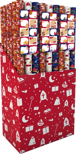 [1388499] Inpakpapier Sint 200x70cm set à 3 rollen + stickervel met 10 etiketten assorti