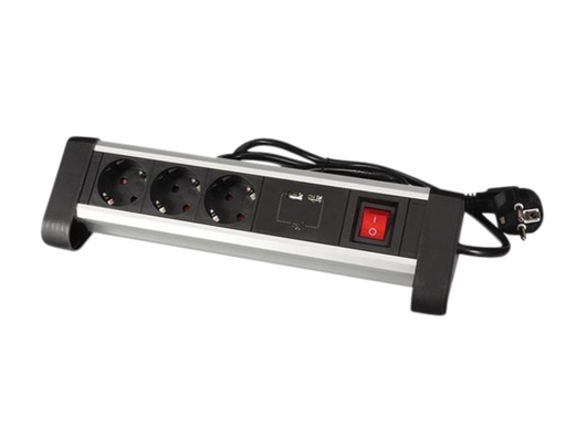 [1391526] Stekkerdoos Perel bureau 3-voudig met schakelaar incl. 2 USB-poorten 1.4m zwart