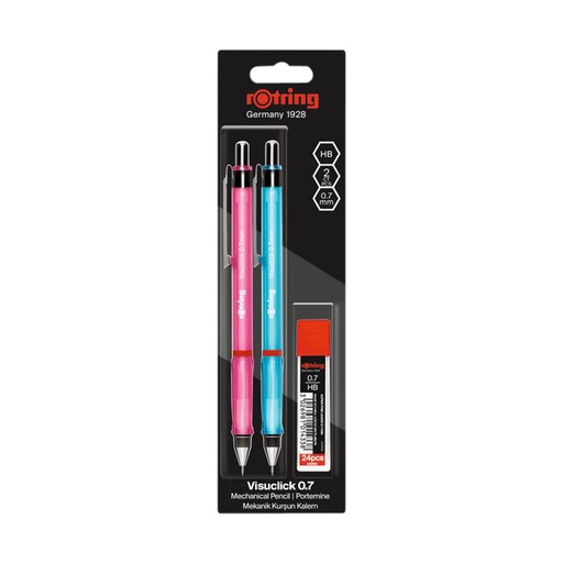 [1396711] Vulpotlood rOtring Visuclick 2B 0.7mm blister à 2 stuks assorti + extra potloodstiften