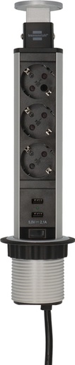 [1398804] Stekkerdoos Brennenstuhl toren 3 voudig inclusief 2 USB 2 meter zwart/zilver