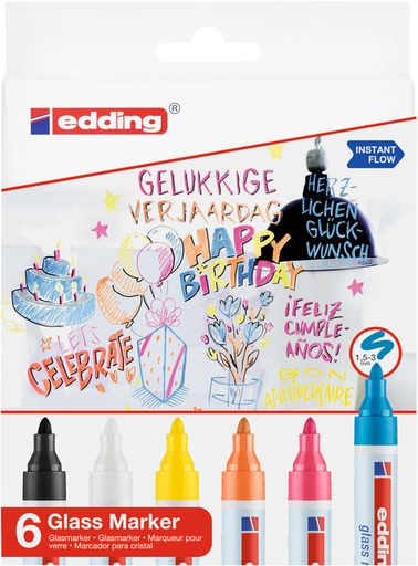 [1403460] Viltstift edding 95 glasbord rond 1.5-3mm inclusief wit en zwart assorti set à 6 stuks