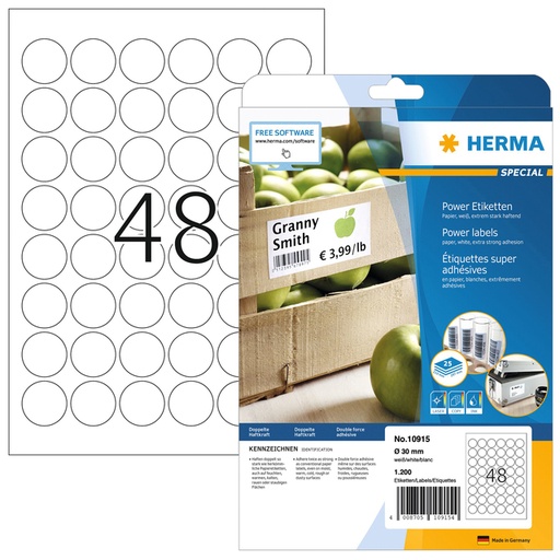 [1403558] Etiket HERMA Power 10915 rond 30mm wit 1200stuks