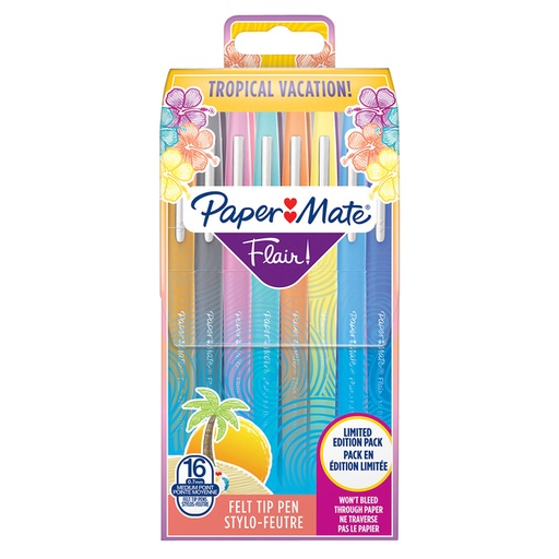 [1403770] Fineliner Paper Mate Flair Tropical Vacation! medium assorti blister à 16 stuks