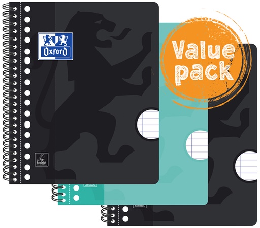 [1419519] Collegeblok Oxford School A5+ lijn 17-gaats 160 pagina's 80gr voordeelpak assorti 3 stuks
