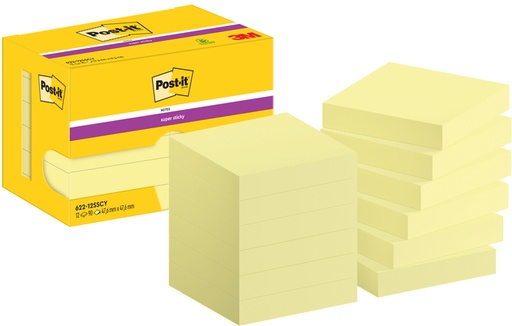 [1420102] Memoblok Post-it 622 Super Sticky 47,6x47,6mm geel 12 stuks