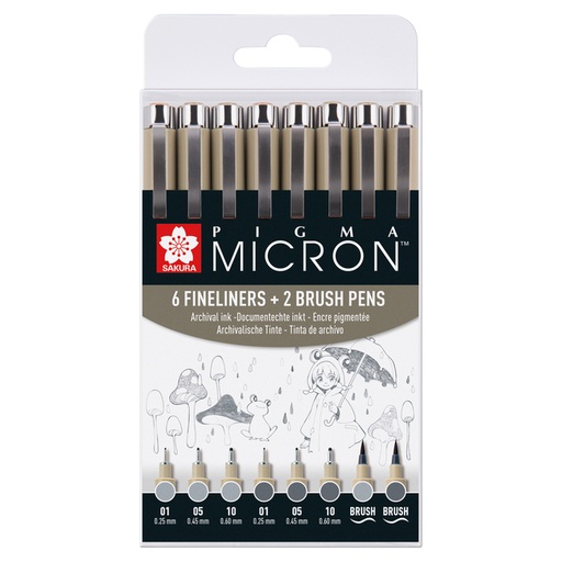 [1420280] Fineliner Sakura Pigma Micron 6 schrijfbreedtes - 2 brushpen koudgrijs