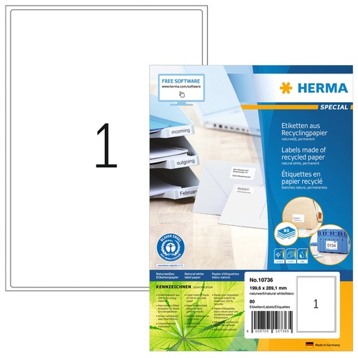 [1421068] Etiket HERMA recycling 10736 199.6x289.1mm  80stuks wit