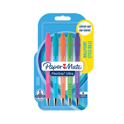 [1421327] Balpen Paper Mate Flexgrip drukknop Bright fun medium schrijfkleur blauw blister à 5 stuks
