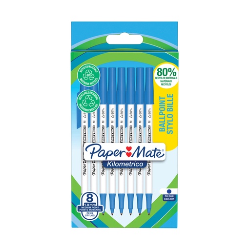 [1421334] Balpen Paper Mate Kilometrico Recycled medium blauw blister à 8 stuks
