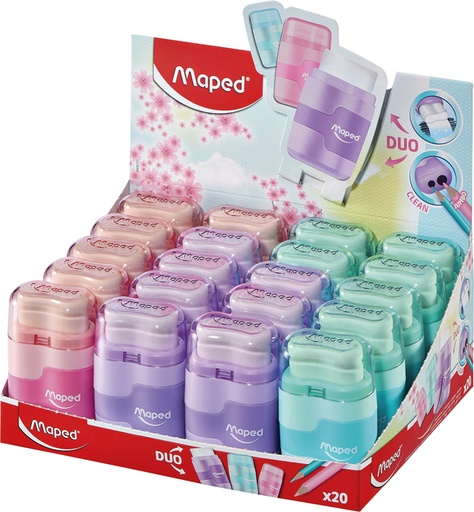[340850] Puntenslijper Maped Connect 2gaats met gum display á 20 stuks pastel assorti