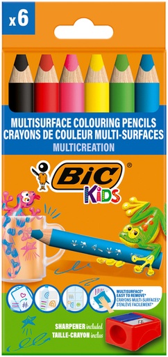 [1429679] Kleurpotloden BicKids Multi Surface inclusief puntenslijper assorti pak à 6 stuks
