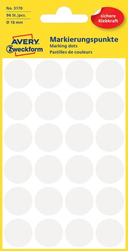 [811030] Etiket Avery Zweckform 3170 rond 18mm wit 96stuks