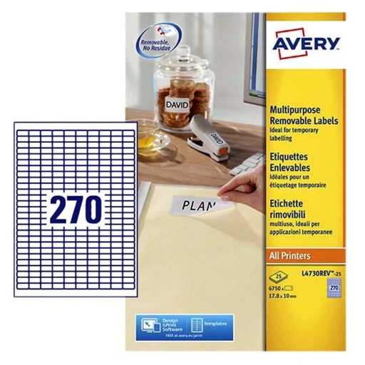 [817007] Etiket Avery L4730REV 17.8x10mm afneembaar wit 6750stuks