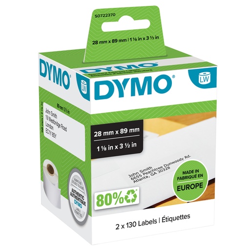 [817208] Etiket Dymo LabelWriter adressering 28x89mm 2 rollen á 130 stuks wit