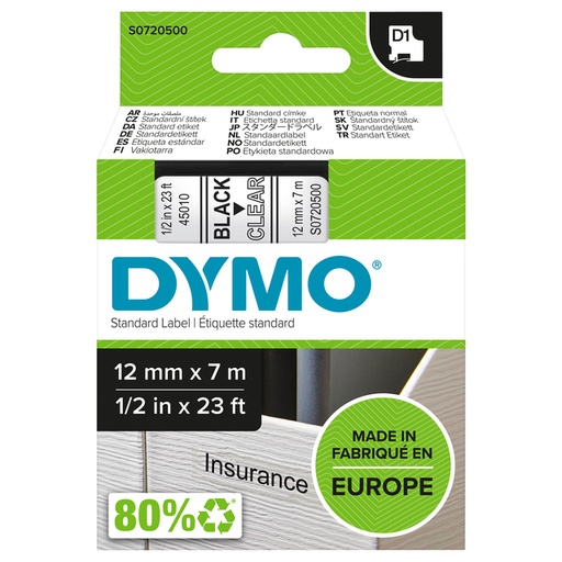[930215] Labeltape Dymo LabelManager D1 polyester 12mm zwart op transparant