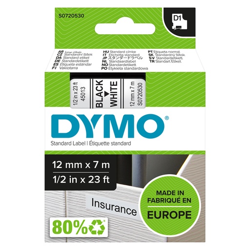 [930218] Labeltape Dymo LabelManager D1 polyester 12mmx7m zwart op wit