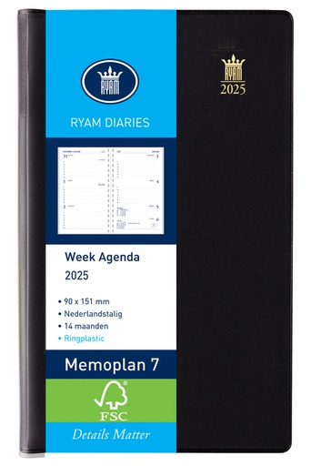 [900073] Agenda 2027 Ryam Memoplan 7 Suprema ringplastic 7dagen/2pagina's zwart