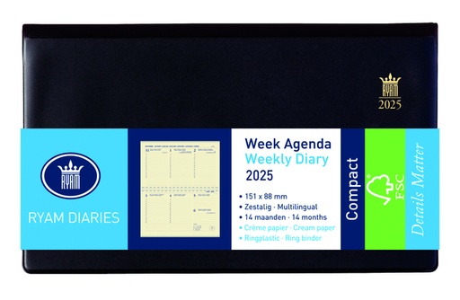 [900106] Agenda 2026 Ryam Compact Suprema 7dagen/2pagina's ringplastic zwart