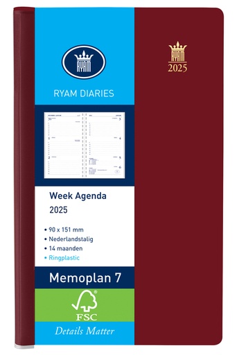[900186] Agenda 2027 Ryam Memoplan 7 Suprema ringplasic 7dagen/2pagina's bordeaux