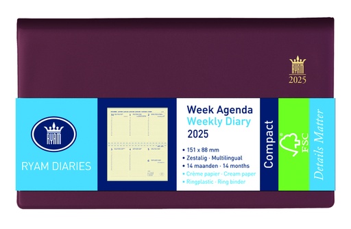[900192] Agenda 2026 Ryam Compact Suprema 7dagen/2pagina's ringplastic bordeaux