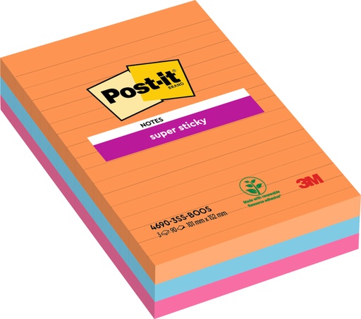 [392404] Memoblok Post-it 4690 Super Sticky 101x152mm lijn Bangkok 3 stuks
