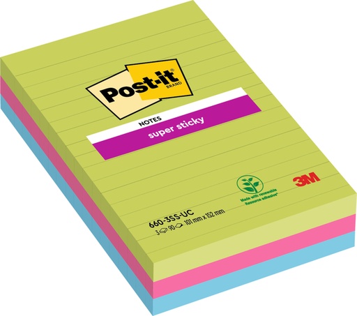 [392500] Memoblok Post-it 660 Super Sticky 102x152mm lijn rainbow 3 stuks