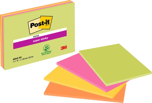 [392567] Memoblok Post-it 6845 Super Sticky 203x152mm assorti 4 stuks