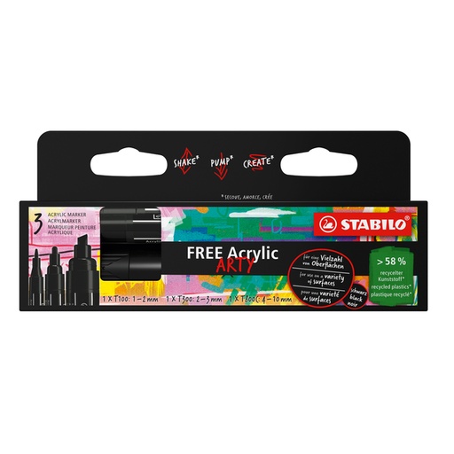 [1435393] Acrylmarker STABILO  Free Acrylic Mixed Tip set à 3 breedtes zwart
