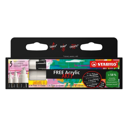 [1435405] Acrylmarker STABILO  Free Acrylic Mixed Tip set à 3 breedtes wit