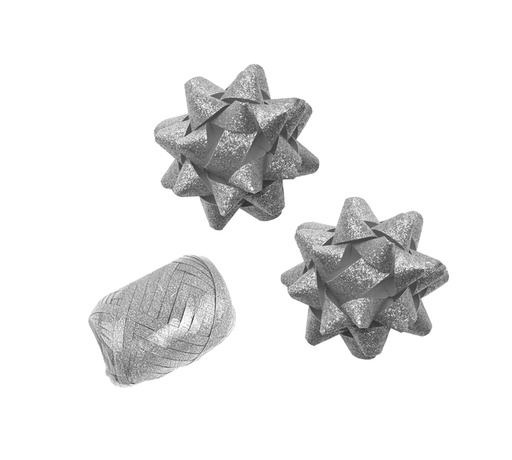 [1439398] Cadeaulint Polyband en 2 rozetten zilver glitter