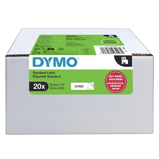 [1436686] Labeltape Dymo LabelManager D1 polyester 12mmx7m zwart op wit 20 stuks