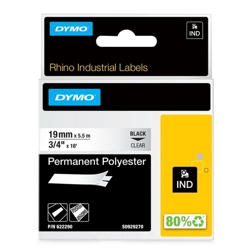[1469016] Labeltape Dymo Rhino industrieel polyester 19mm zwart op transparant