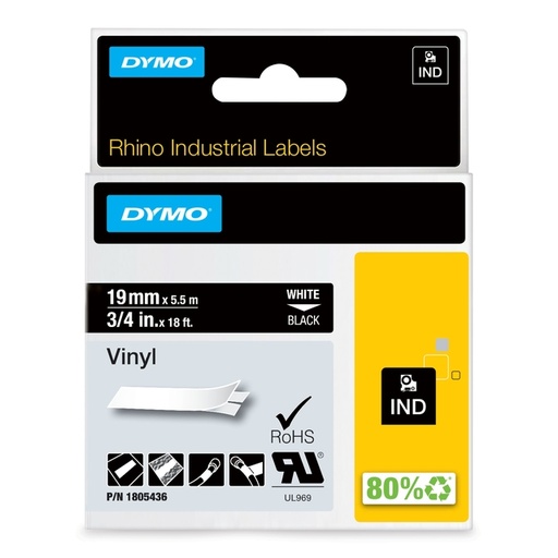 [1469019] Labeltape Dymo Rhino industrieel vinyl 19mm wit op zwart