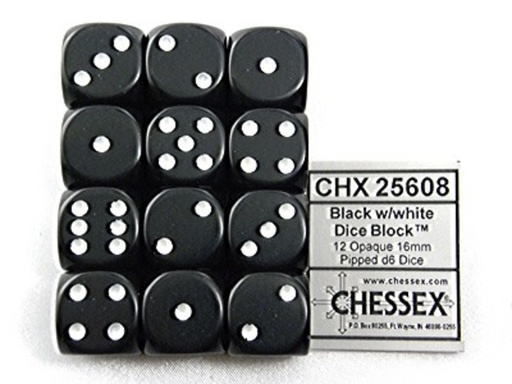 [1469213] Dobbelsteen Chessex Black/white D6 16mm set à 12 stuks