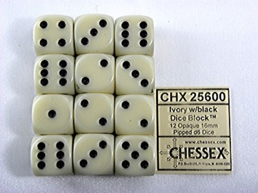 [1469214] Dobbelsteen Chessex Ivory/black D6 16mm set à 12 stuks