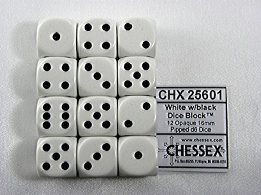 [1469216] Dobbelsteen Chessex White/black D6 16mm set à 12 stuks