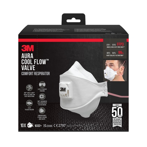[1469228] Stofmasker 3M Aura Comfort Cool Flow 9332 FFP3 met ventiel 10 stuks