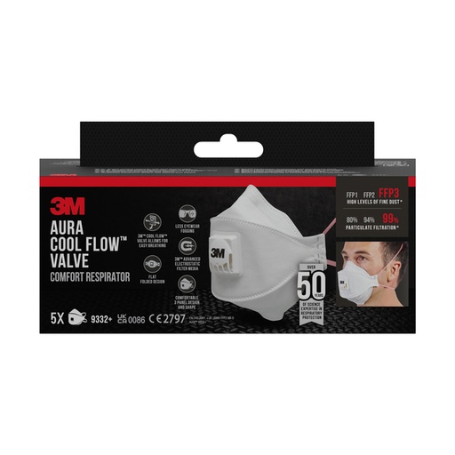 [1469230] Stofmasker 3M Aura Comfort Cool Flow 9332 FFP3 met ventiel 5 stuks