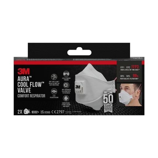 [1469233] Stofmasker 3M Aura Comfort Cool Flow 9332 FFP3 met ventiel 2 stuks