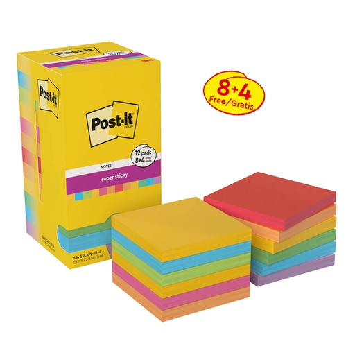 [1469753] Memoblok Post-it Super Sticky Notes 76x76mm colour 8+4 gratis