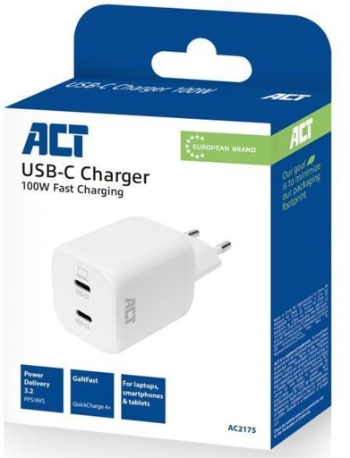 [1468892] Oplader ACT USB-C 100W 2-poorts PD, PPS, AVS, QC, Ganfast